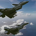 Two Military Fighter Jets Flying In Blue Sky With White Clouds Over Land And Ocean