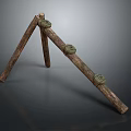 Modern Wooden Tripod Structure With Green Circular Components For Contemporary Decor