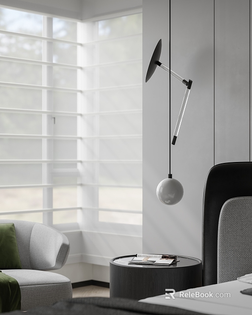 Contemporary Pendant Light With White Sphere Metal Arm In Indoor Space By Window 3d model 