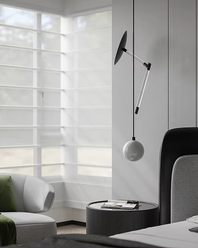 Contemporary Pendant Light With White Sphere Metal Arm In Indoor Space By Window 3d model