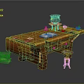 Traditional Wooden Writing Desk Featuring Open Book Green Jar and Purple Stool