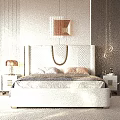 Modern Bedroom Interior With White Geometric Headboard Floor-to-Ceiling Window Wooden Wall Nightstand And Table Lamp