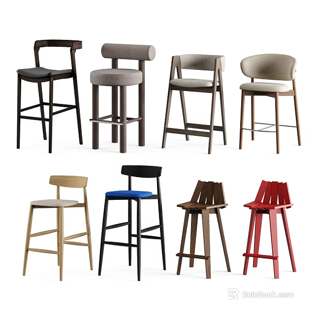Assorted Modern Bar Stools With Different Colors And Wooden Metal Frames 3d model