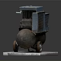 Old Rusty Air Compressor With Metal Tank Wheels And Concrete Base