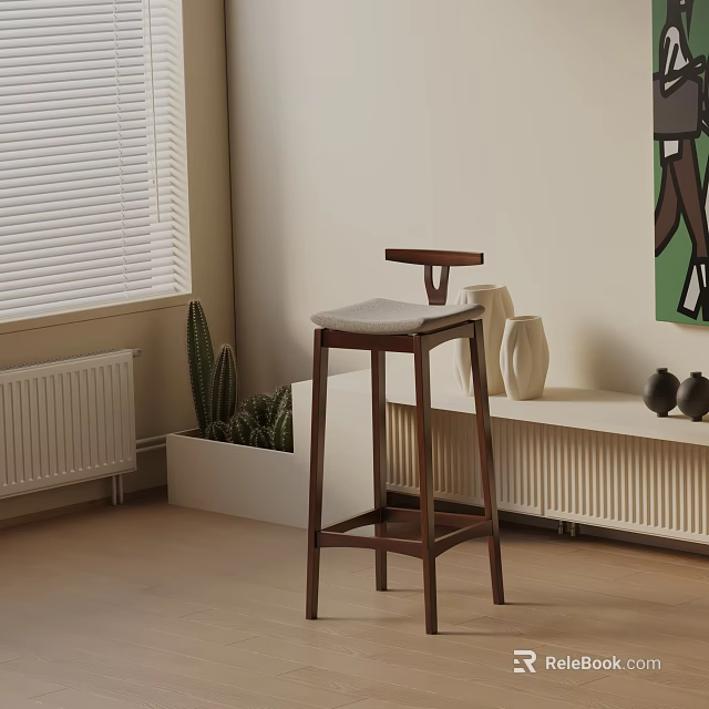 Wooden Bar Stool With Cushioned Seat In Modern Room White Bench Cactus And Artwork 3d model 