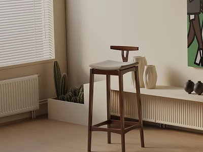 Wooden Bar Stool With Cushioned Seat In Modern Room White Bench Cactus And Artwork 3d model