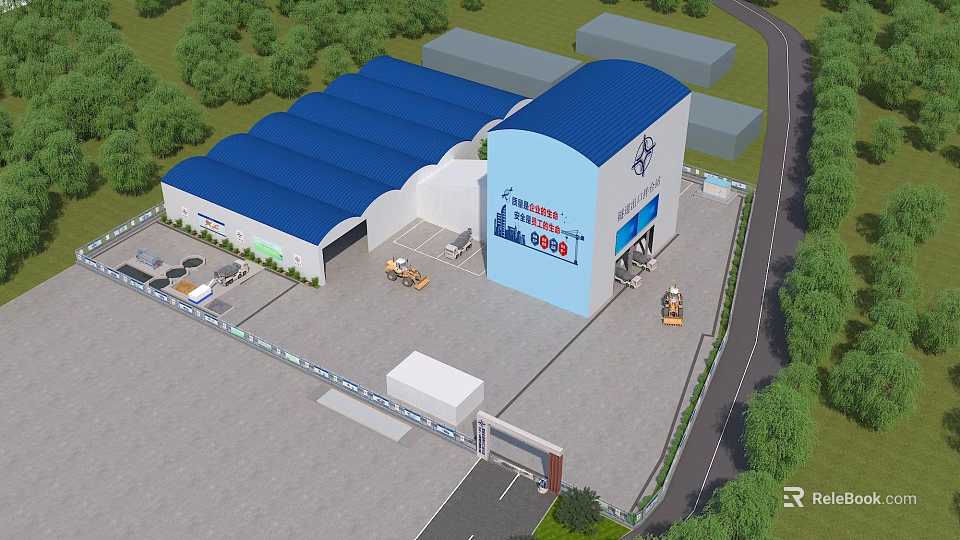 Industrial Factory Building With Blue Roof Surrounded by Green Trees and Operational Vehicles 3d model 