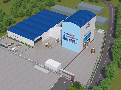 Industrial Factory Building With Blue Roof Surrounded by Green Trees and Operational Vehicles 3d model