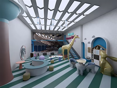 Kindergarten Interior With Green White Striped Floor Giraffe Rabbit Sculptures Circular Play Structure And Skylights 3d model