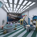 Kindergarten Interior With Green White Striped Floor Giraffe Rabbit Sculptures Circular Play Structure And Skylights