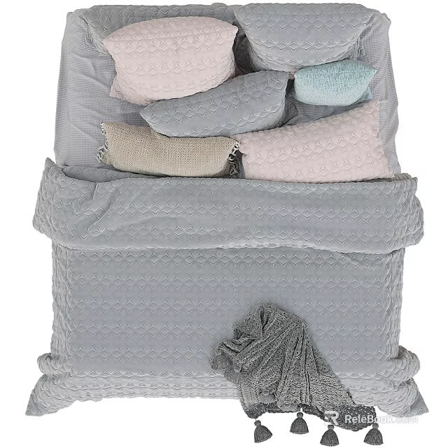 Cozy Double Bed Setup With Soft Gray Bedspread And Pastel Pillows Plush Throw 3d model 