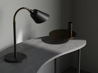 Black Desk Lamp With Golden Curved Arm Modern Design On Gray Curved Tabletop 3d model