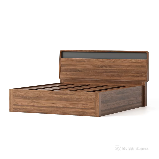 Modern Walnut Wood Double Bed with Dark Panel Headboard and Sturdy Frame 3d model 