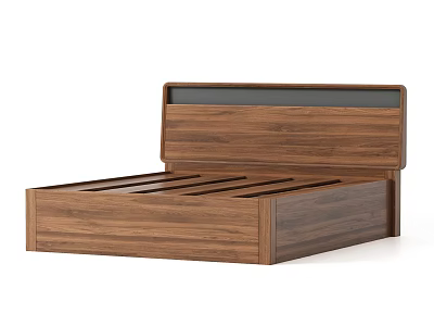 Modern Walnut Wood Double Bed with Dark Panel Headboard and Sturdy Frame 3d model