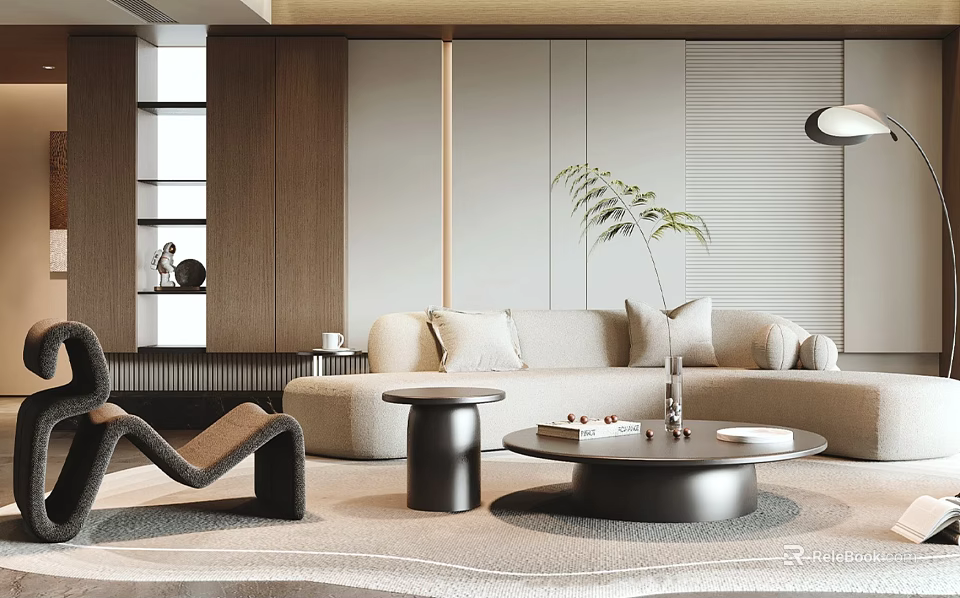 Modern Beige Sofa With Round Coffee Table Combination In Living Room With Armchair And Plant 3d model 