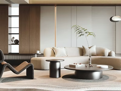 Modern Beige Sofa With Round Coffee Table Combination In Living Room With Armchair And Plant 3d model