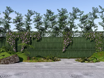 Serene Garden Landscape With Green Bamboo Fence Purple Climbing Vines And Lush Trees 3d model