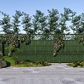 Serene Garden Landscape With Green Bamboo Fence Purple Climbing Vines And Lush Trees
