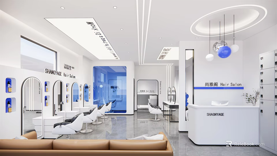 Modern Beauty Hair Salon Interior Design With White Decor Styling Chairs Mirrors And Reception Counter 3d model 