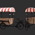 Bicycle Food Cart With Red And White Striped Canopy Wooden Structure And Lanterns