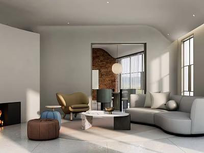 Modern Living Room Interior With Curved Sofa Brick Wall Round Pendant Light And Large Windows 3d model