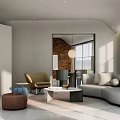 Modern Living Room Interior With Curved Sofa Brick Wall Round Pendant Light And Large Windows