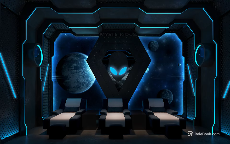 Mystic SPA Sauna Interior With Starry Sky Background Blue Neon Lighting And Three Chairs 3d model 