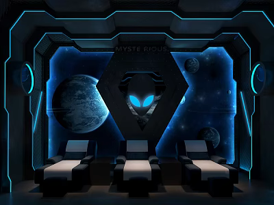 Mystic SPA Sauna Interior With Starry Sky Background Blue Neon Lighting And Three Chairs 3d model