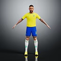 Man In Yellow Brazilian Football Jersey Blue Shorts With Number 10 Standing Against Dark Background
