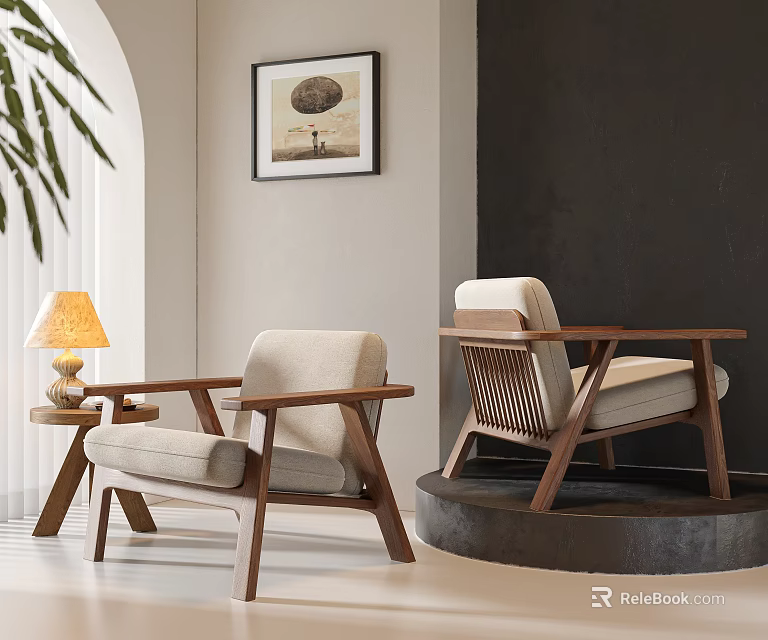 Modern Wooden Frame Leisure Chairs with Linen Cushions Side Table and Wall Art 3d model 