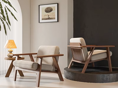 Modern Wooden Frame Leisure Chairs with Linen Cushions Side Table and Wall Art 3d model