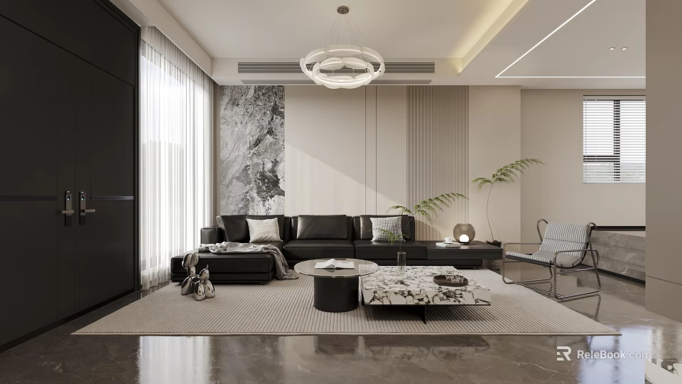 Modern Living And Dining Room Interior With Black Sofa Coffee Table Pendant Light And Plants 3d model 