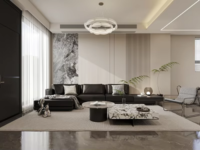 Modern Living And Dining Room Interior With Black Sofa Coffee Table Pendant Light And Plants 3d model