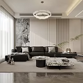 Modern Living And Dining Room Interior With Black Sofa Coffee Table Pendant Light And Plants