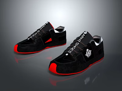 Stylish Black Athletic Lace Up Sneakers With Red Toe Cap And White Brand Logo Design 3d model