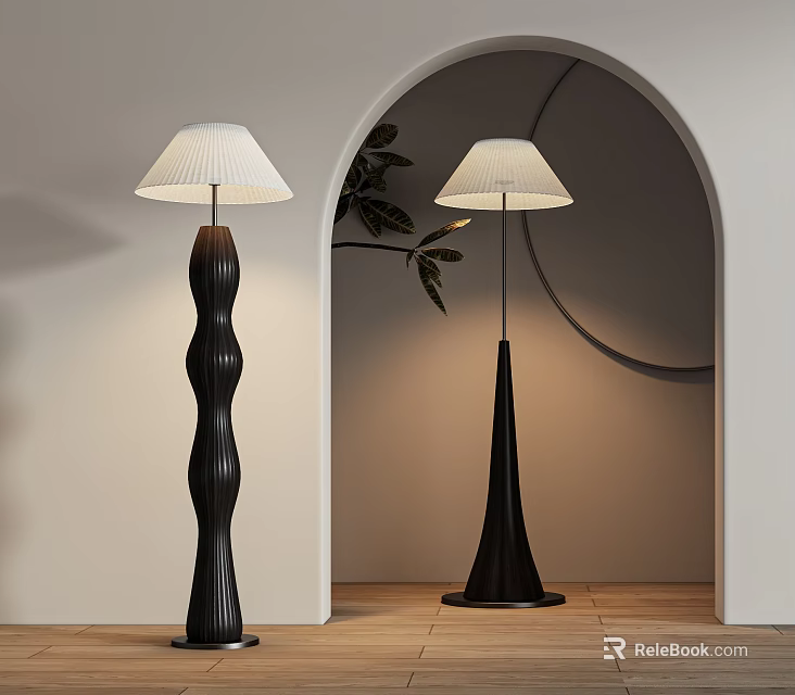 Two Modern Floor Lamps with Wavy Conical Black Bases and White Lampshades in Minimalist Interior 3d model 