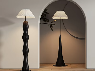 Two Modern Floor Lamps with Wavy Conical Black Bases and White Lampshades in Minimalist Interior 3d model