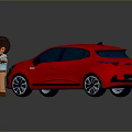Red Car with Little Boy Standing Next to It Open Arms Gesture