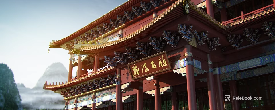 Traditional Ancient Chinese Architecture With Decorative Eaves Red Pillars And Golden Roof Details 3d model 