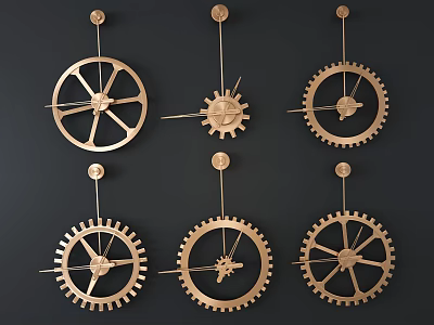 Set Of Six Golden Gear Shaped Wall Clocks Decorative Design On Black Background 3d model