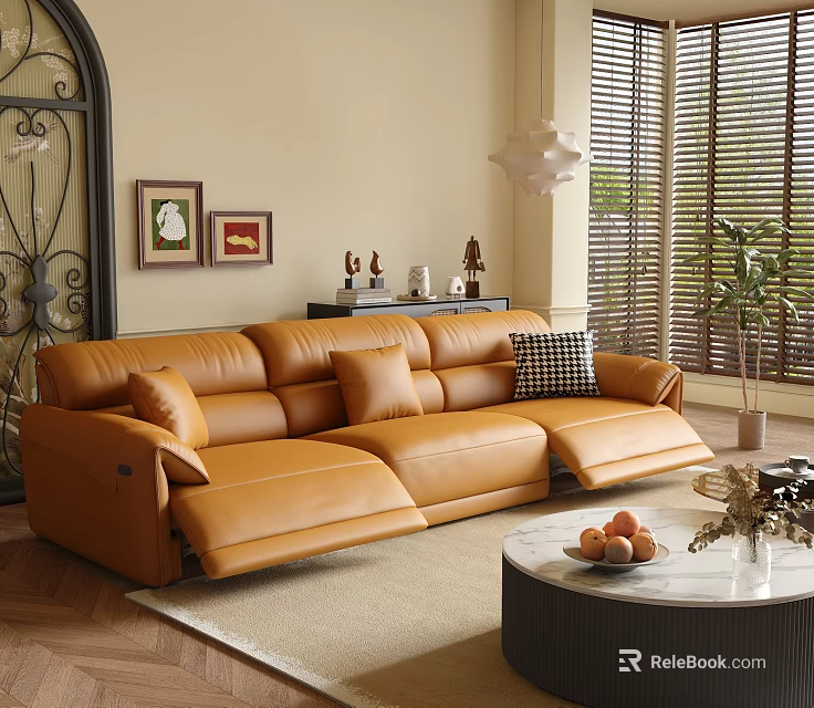 Elegant Living Room With Brown Leather Sofa Metal Archway Window Blinds Round Marble Coffee Table 3d model 