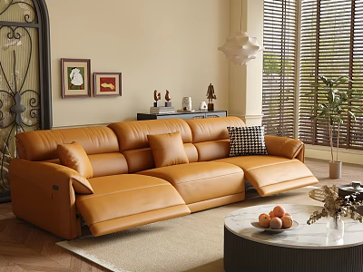 Elegant Living Room With Brown Leather Sofa Metal Archway Window Blinds Round Marble Coffee Table 3d model