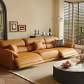 Elegant Living Room With Brown Leather Sofa Metal Archway Window Blinds Round Marble Coffee Table