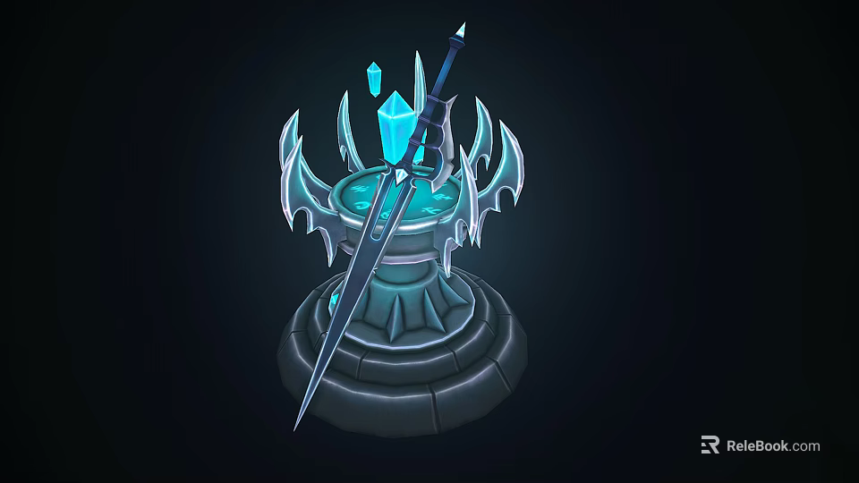Cartoon Style Magical Pedestal With Intricate Design Glowing Blue Crystal And Sword 3d model 