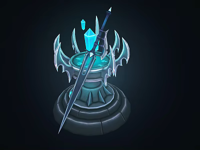 Cartoon Style Magical Pedestal With Intricate Design Glowing Blue Crystal And Sword 3d model