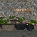 Beautiful Garden Ornaments With Lotus Plants Ceramic Pots Stone Wall And Wooden Sign
