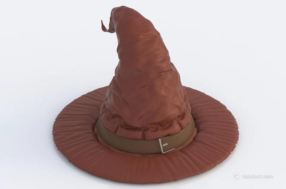 Brown Witch Hat with Pointed Top Ruffled Brim Leather Strap and Buckle Design 3d model 