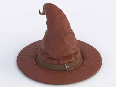 Brown Witch Hat with Pointed Top Ruffled Brim Leather Strap and Buckle Design 3d model