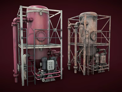 Industrial Storage Tanks With Metal Frames Pipes Valves And Red Rusted Finish 3d model