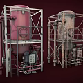 Industrial Storage Tanks With Metal Frames Pipes Valves And Red Rusted Finish